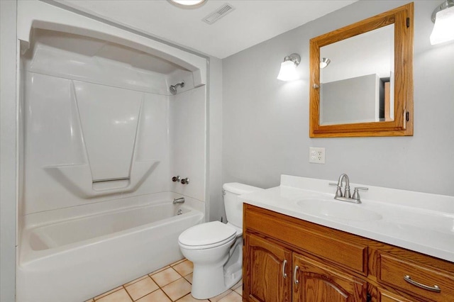 full bathroom with shower / tub combination, vanity, toilet, and tile patterned flooring