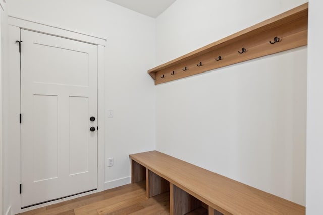 mudroom with light hardwood / wood-style flooring