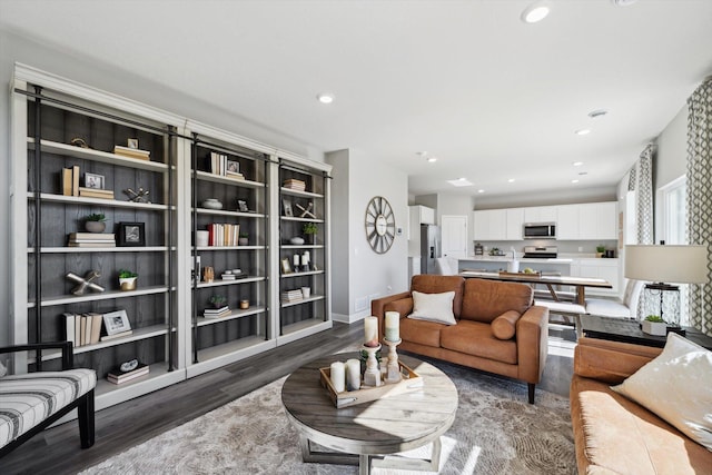 living room featuring dark wood-type flooring