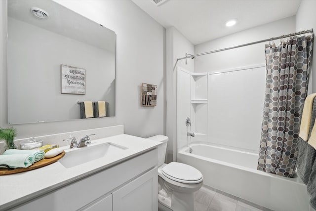 full bathroom featuring vanity, shower / tub combo, and toilet