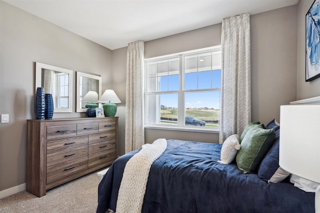 bedroom with light carpet