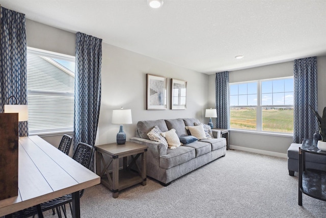 carpeted living room featuring a textured ceiling