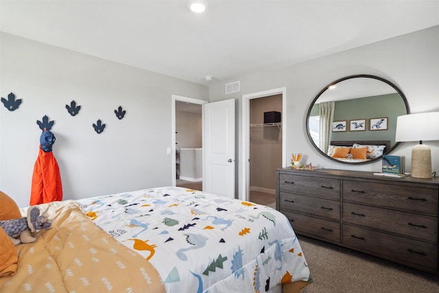 carpeted bedroom featuring a spacious closet and a closet