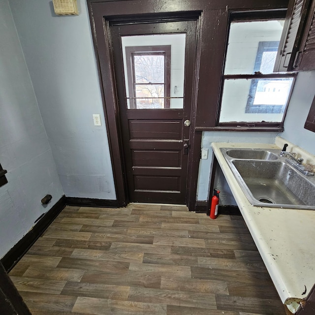 doorway with sink and dark wood-type flooring