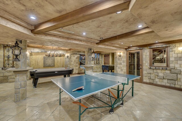 playroom with pool table, light tile patterned floors, and beamed ceiling