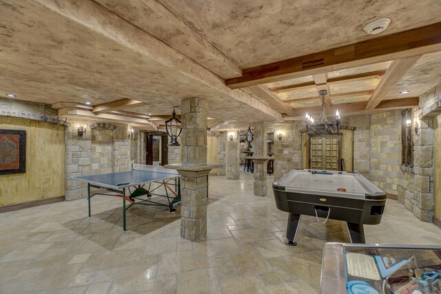 playroom with tile patterned flooring, an inviting chandelier, beamed ceiling, and billiards