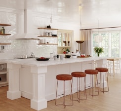 bar featuring pendant lighting, tasteful backsplash, white cabinetry, and light wood-type flooring