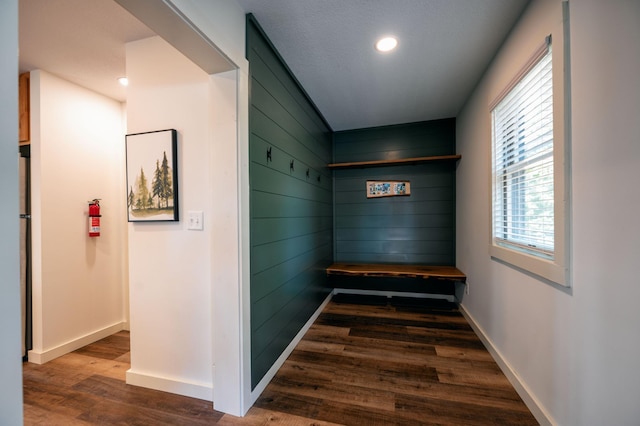 hall featuring dark hardwood / wood-style floors, plenty of natural light, and wooden walls