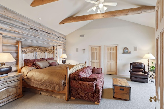 carpeted bedroom featuring high vaulted ceiling, ceiling fan, and beam ceiling