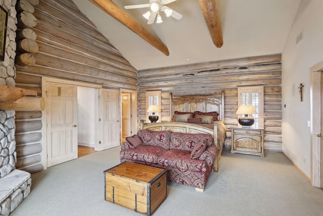 carpeted bedroom with ceiling fan, high vaulted ceiling, and beamed ceiling