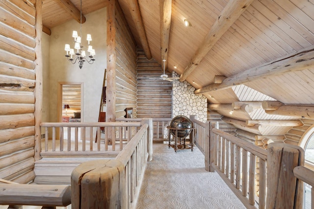 hallway with wood ceiling, beam ceiling, light carpet, high vaulted ceiling, and a chandelier