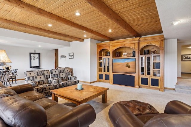 living room with wooden ceiling, light colored carpet, and beam ceiling