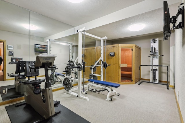 exercise room featuring a textured ceiling and carpet flooring