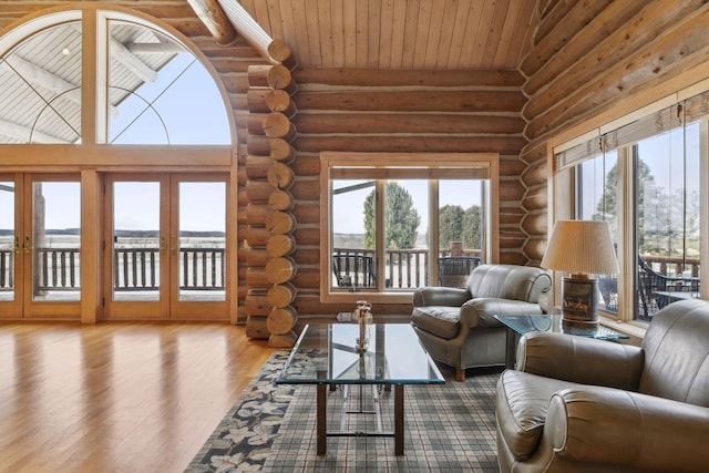 living room with rustic walls, wood-type flooring, and wood ceiling