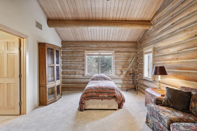 carpeted bedroom featuring rustic walls, wooden ceiling, and lofted ceiling with beams