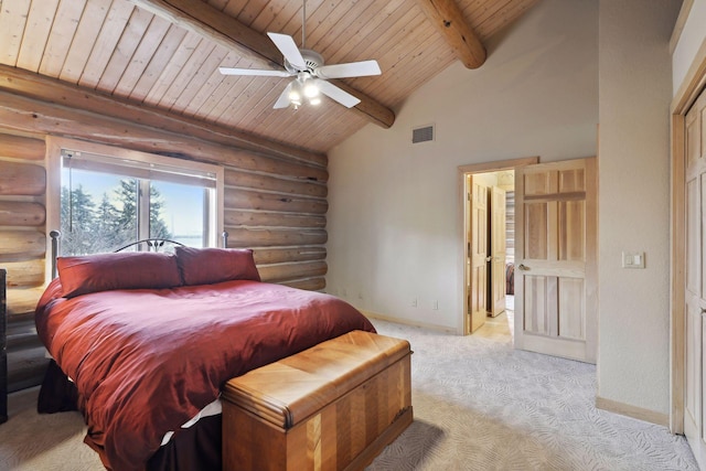 bedroom with light carpet, rustic walls, beamed ceiling, and wood ceiling