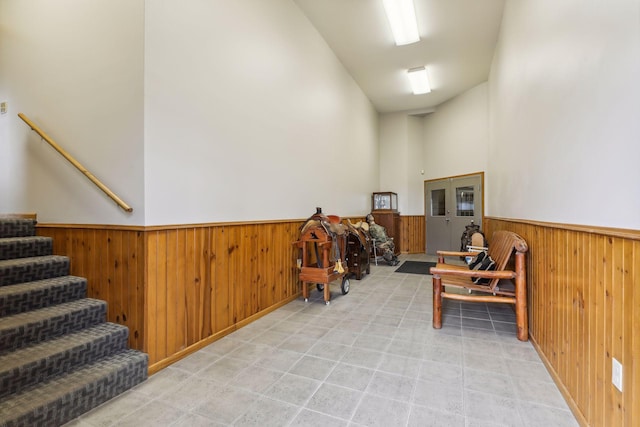 interior space featuring wood walls