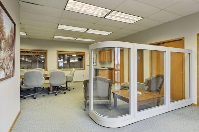 carpeted office space featuring a paneled ceiling