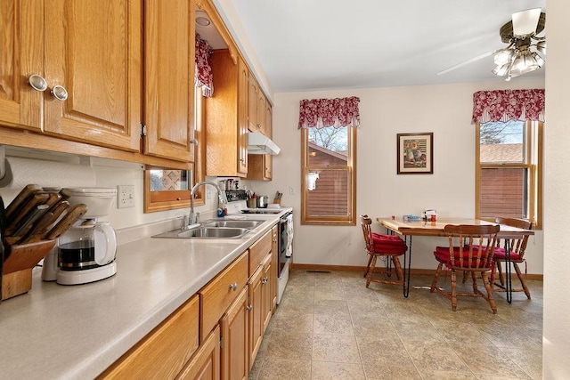 kitchen featuring stainless steel range with electric stovetop, sink, and ceiling fan