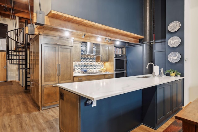 kitchen featuring backsplash, sink, stainless steel appliances, wall chimney exhaust hood, and hardwood / wood-style flooring