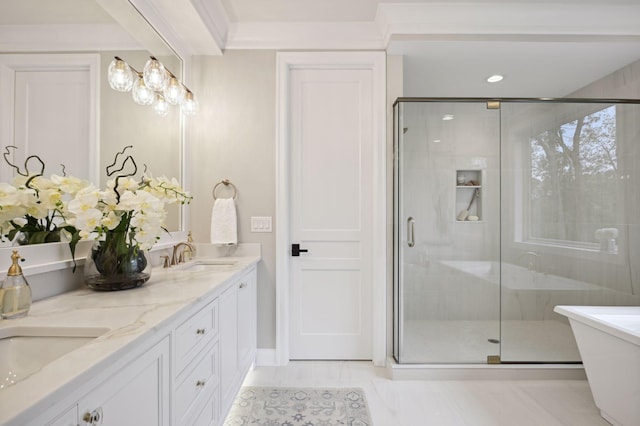 bathroom featuring separate shower and tub, double vanity, and tile floors