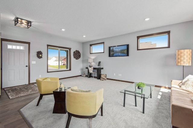 living room with a wealth of natural light and wood-type flooring