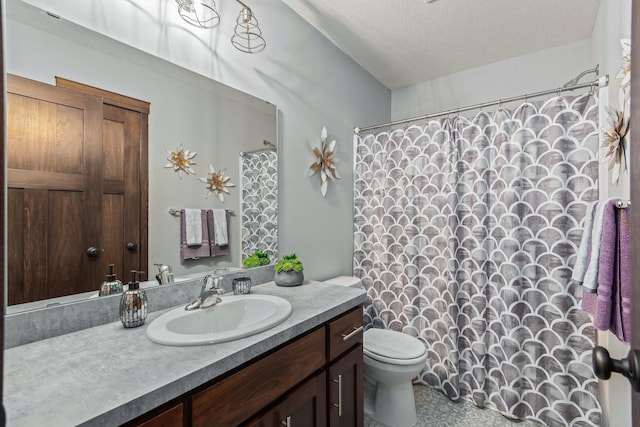 bathroom featuring toilet, a textured ceiling, and vanity with extensive cabinet space