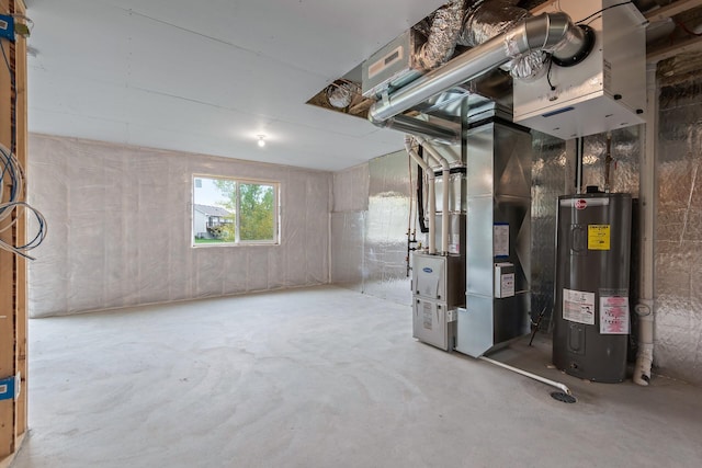 basement with water heater and heating utilities