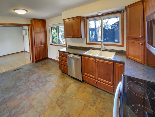 kitchen with sink, stainless steel dishwasher, and stove