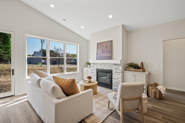 living room featuring a fireplace, light hardwood / wood-style flooring, and high vaulted ceiling