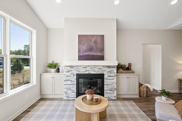 living room with a fireplace, dark hardwood / wood-style floors, and a wealth of natural light