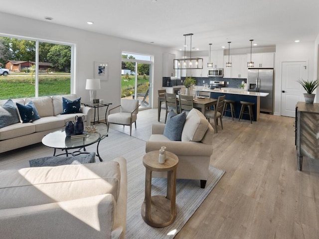 living room with a notable chandelier and light hardwood / wood-style flooring