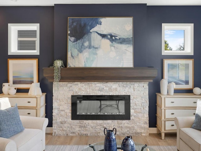 living room featuring a fireplace and light hardwood / wood-style floors