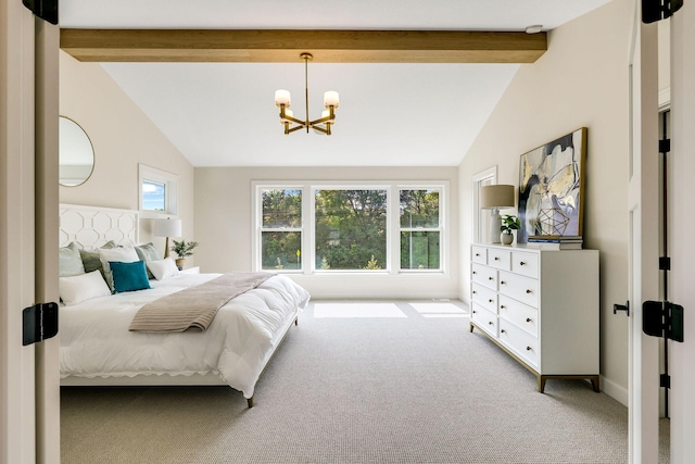 carpeted bedroom with vaulted ceiling with beams and a notable chandelier