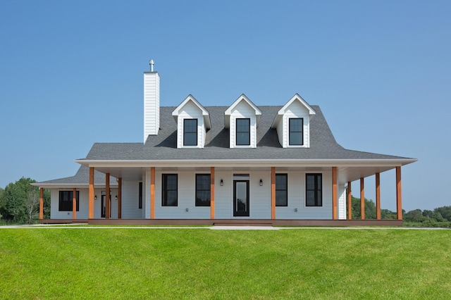 farmhouse with covered porch and a front yard