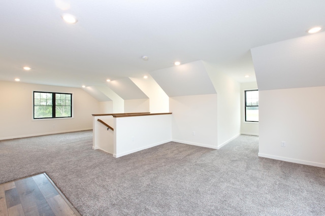 additional living space with lofted ceiling and light colored carpet