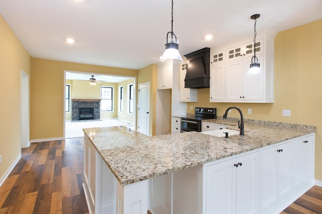 kitchen featuring dark hardwood / wood-style floors, ceiling fan, electric range oven, and premium range hood