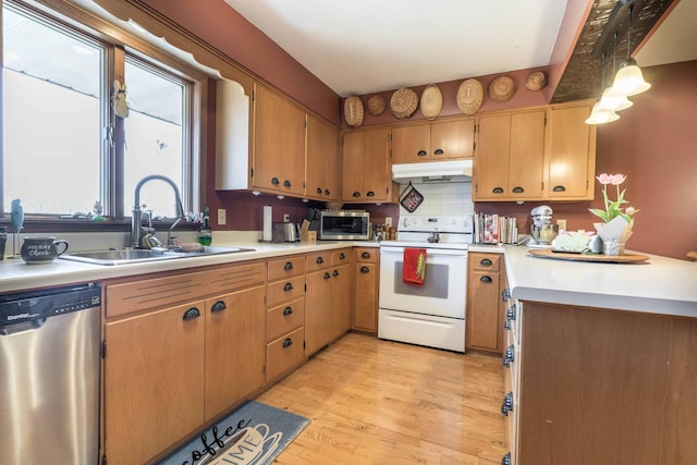 kitchen with decorative backsplash, sink, electric stove, light hardwood / wood-style flooring, and dishwasher