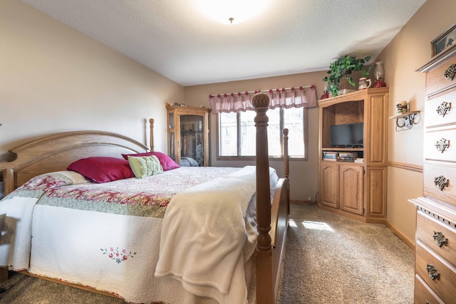 bedroom with carpet and a textured ceiling