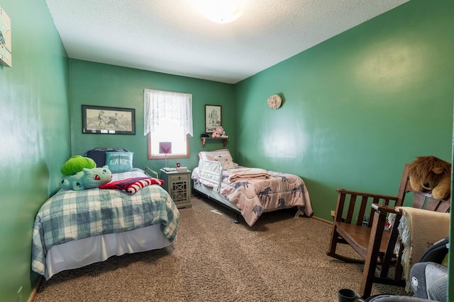 carpeted bedroom with a textured ceiling