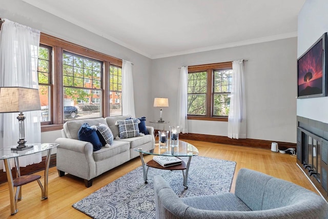 living room featuring a tile fireplace, light wood-type flooring, and plenty of natural light