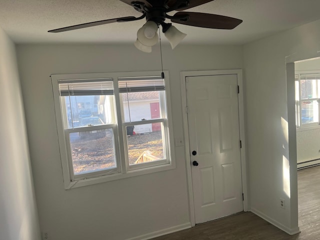 foyer entrance featuring a baseboard radiator and hardwood / wood-style flooring