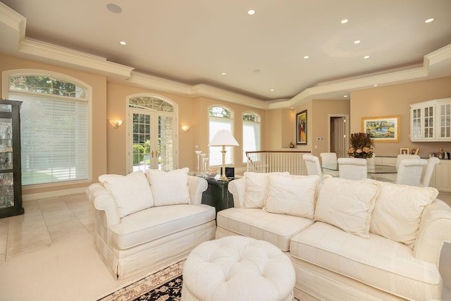 tiled living room featuring crown molding