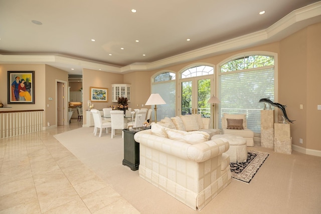 tiled living room with crown molding