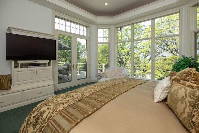 bedroom featuring access to exterior, french doors, carpet flooring, and crown molding