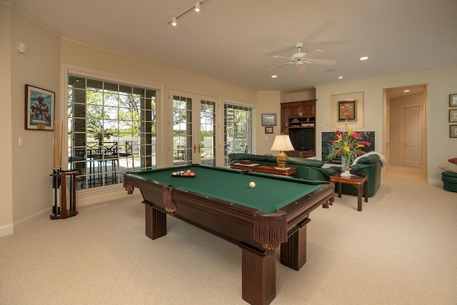 playroom featuring ceiling fan, crown molding, light carpet, and pool table