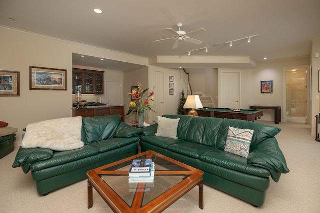 living room with ceiling fan, ornamental molding, light carpet, and billiards