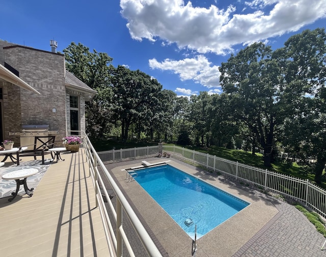 view of swimming pool featuring a diving board