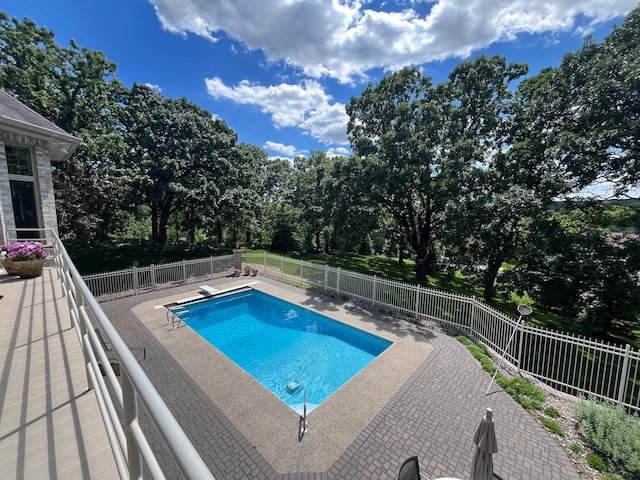 view of swimming pool featuring a diving board and a patio area