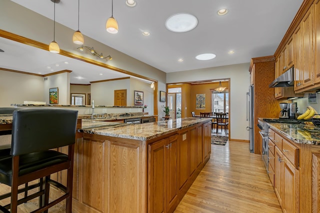 kitchen featuring a kitchen breakfast bar, light hardwood / wood-style flooring, hanging light fixtures, stainless steel appliances, and stone counters